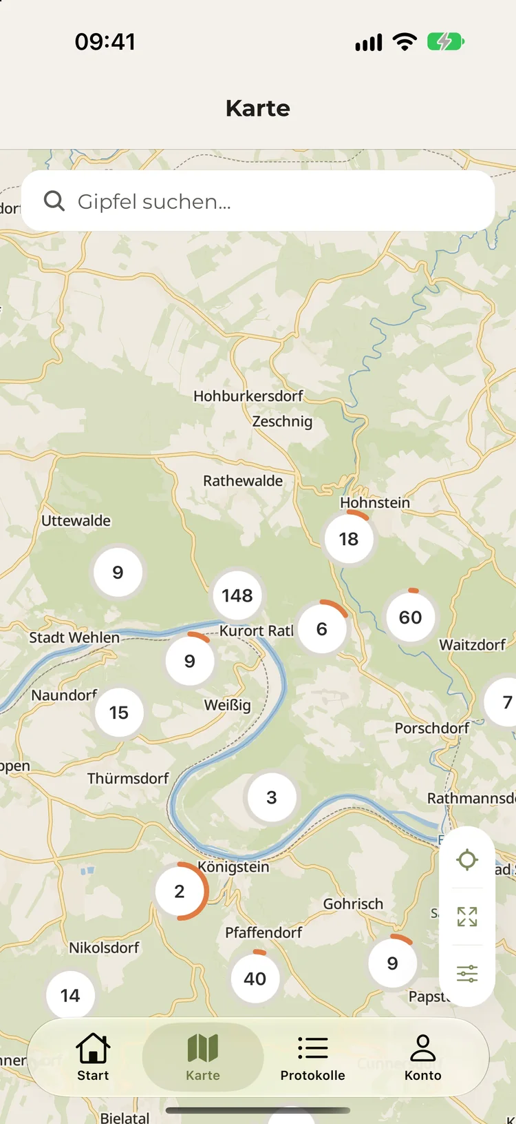 Karte mit Gipfel-Clustern und Fortschrittsringen rund um Rathen, Hohnstein und Königstein