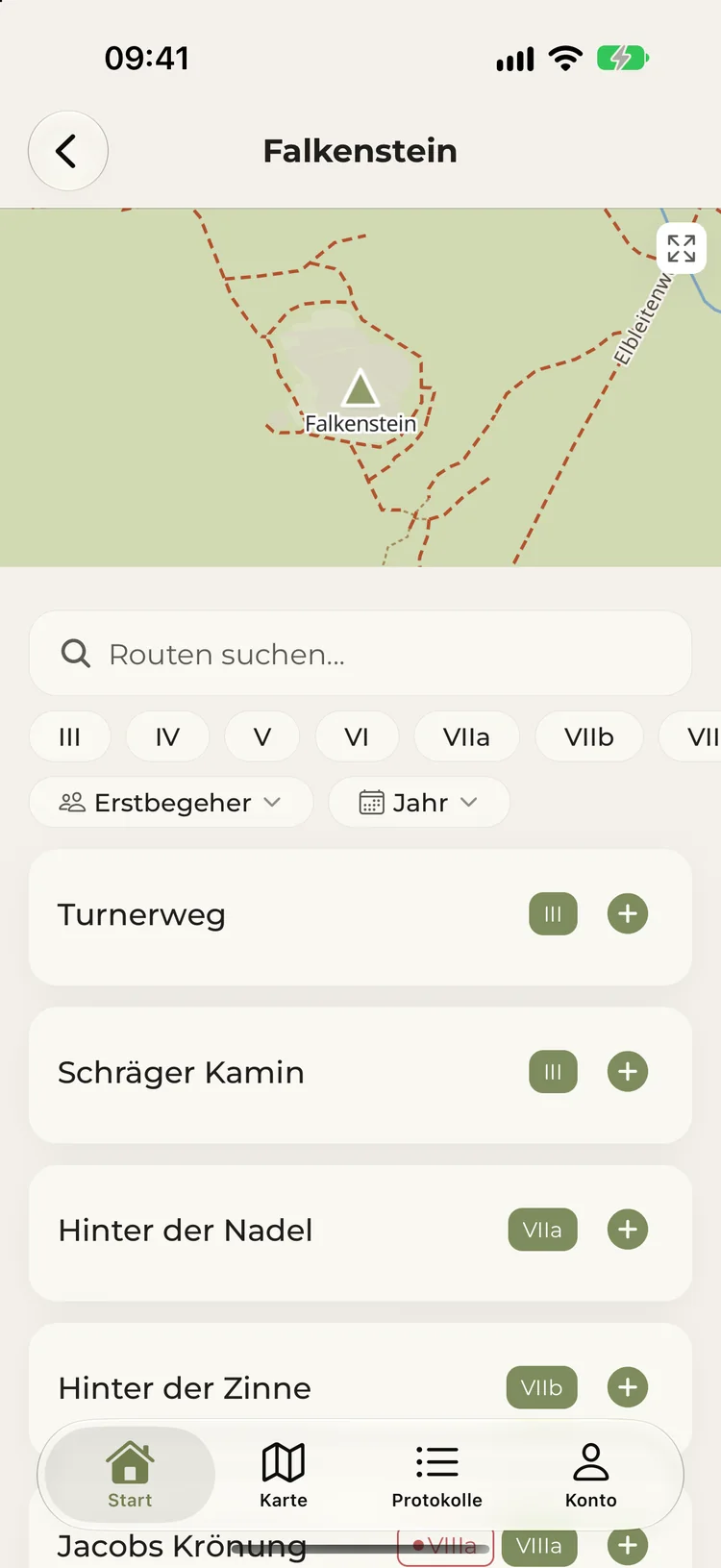 Gipfelseite Falkenstein mit Karte, Routensuche, Schwierigkeitsfilter und den Wegen in Führer-Reihenfolge